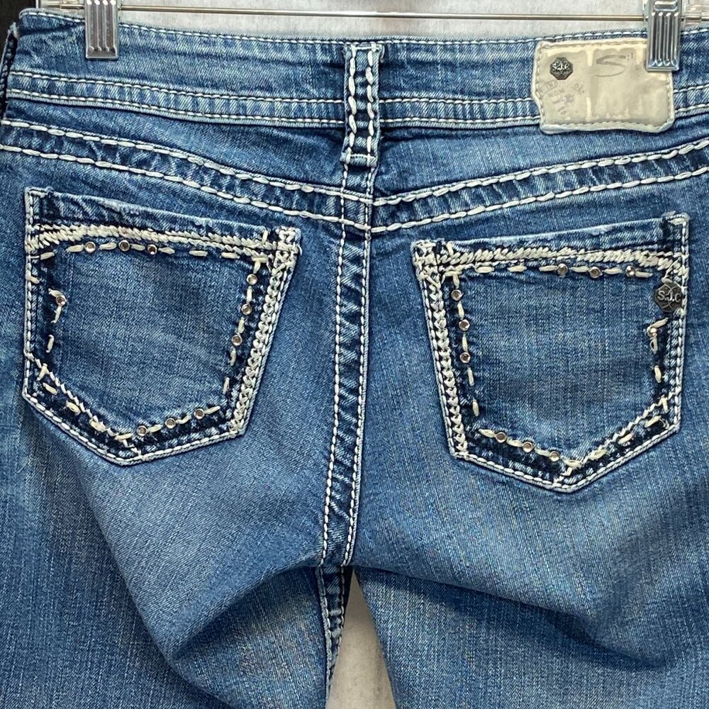 Silver Suki Faded Distressed Boot Cut Denim Jeans 27 Embroidered Jeweled - Picture 10 of 15